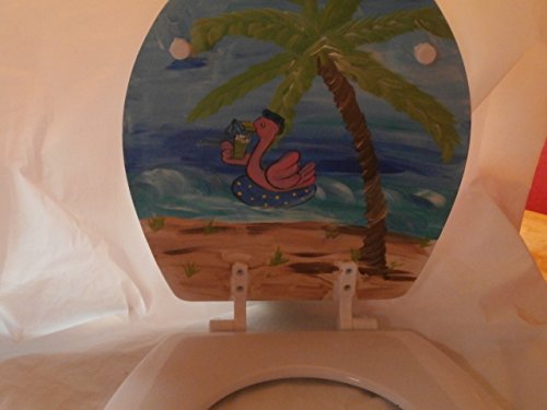 Hand Painted Flamingos Beach Toilet Seat - Sealed White Bathroom Accessory