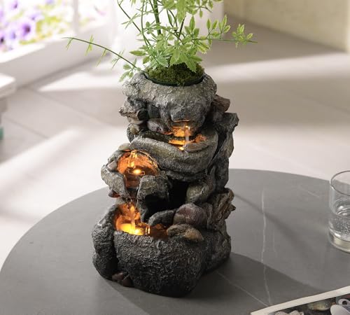 Tabletop Water Fountain with LED Light and Planter for Indoor Decor
