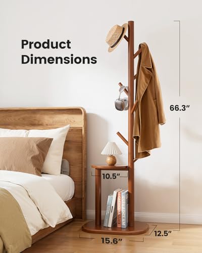 Solid Wood Freestanding Coat Rack with 8 Hooks & Storage Shelves, Brown