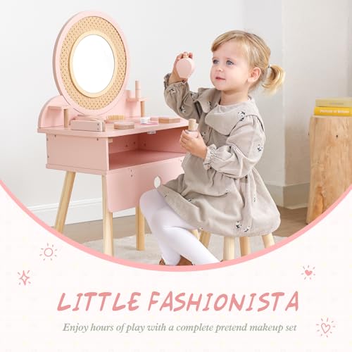 Toddler Vanity Set with Chair and 11-Piece Pretend Makeup Accessories