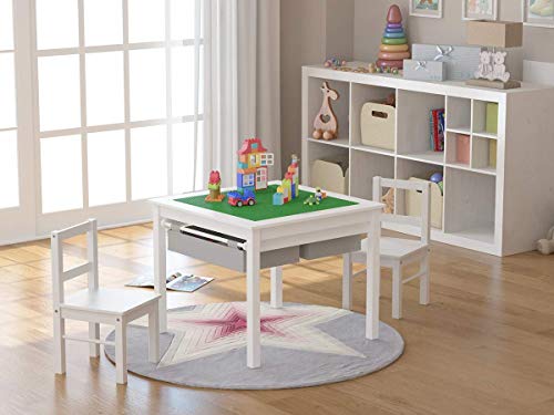 UTEX Kids Construction Play Table & Chairs Set - White with Gray Drawer, 2-in-1 Toddler Activity Table for Building & Creative Play