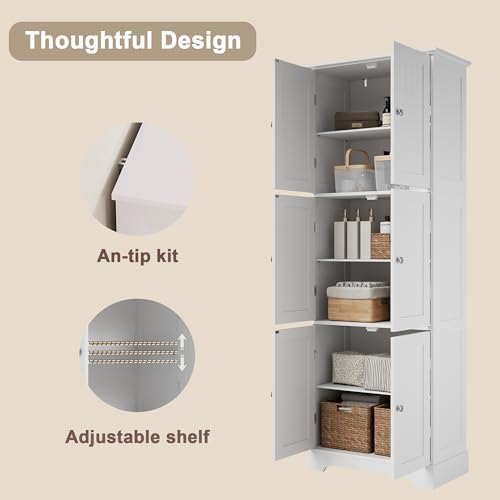Tall 63.2" Bathroom Storage Cabinet with 6 Doors & Adjustable Shelves