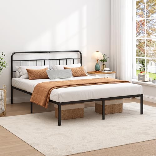 Queen Size Metal Bed Frame with Classic Headboard and Under-Bed Storage