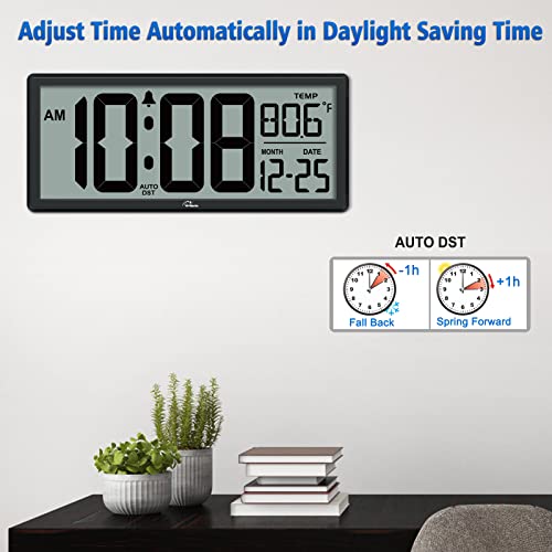 14.5" Large Digital Wall Clock Battery Operated - Auto DST, Temp & Date