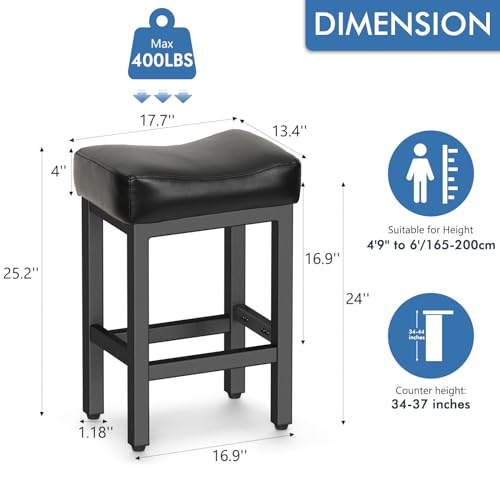 24-Inch Counter Height Bar Stools, Set of 2 Leather Saddle Stools with Metal Base