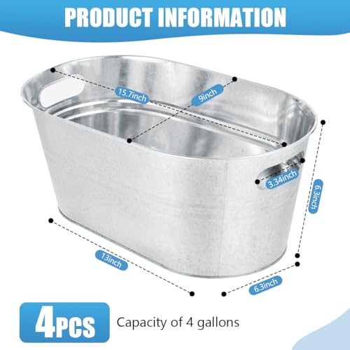 Galvanized Metal Ice Buckets, 4-Gallon Beverage Tubs with Handles (4 Pack)