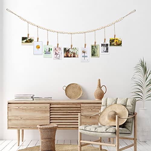 4 Pack Boho Wooden Bead Photo Garland with Clips for Wall Photo Display