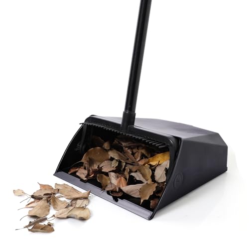 Heavy-Duty Upright Commercial Dustpan with Built-in Comb Teeth, Black