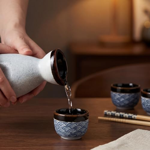 Japanese Porcelain Sake Set with 1 Bottle, 6 Cups & 6 Chopsticks - Blue Wave Pattern