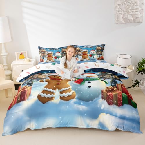 Manfei Gingerbread Man Duvet Cover Set Full Blue Brown, 80x90, 2 Pillowcases - Christmas Snowman Winter Theme