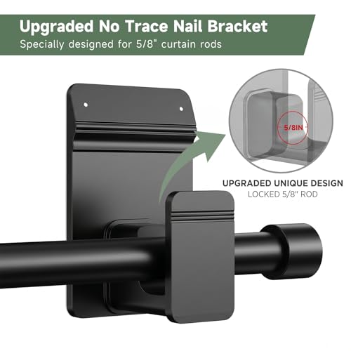 No Drill Curtain Rod Brackets for 5/8" Rods, Heavy Duty Holders (4 Pack, Black)