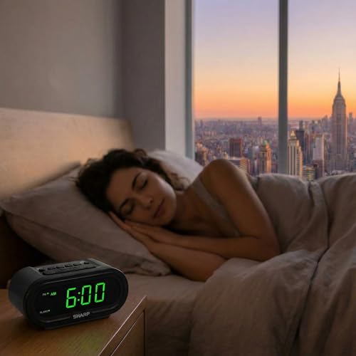 Self-Setting Digital Alarm Clock with Large Green LED Display & Battery Backup