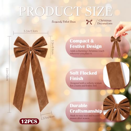 Brown Velvet Christmas Bows 5x10 Inch Holiday Tree Decorations - Set of 12