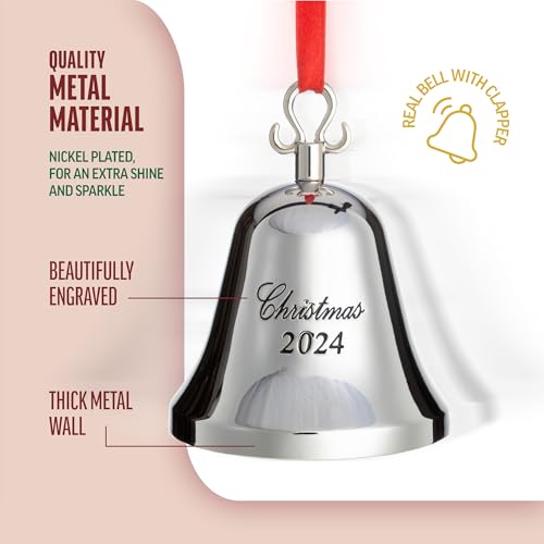 2024 Silver Christmas Bell Ornament - Engraved Nickel-Plated Holiday Decor