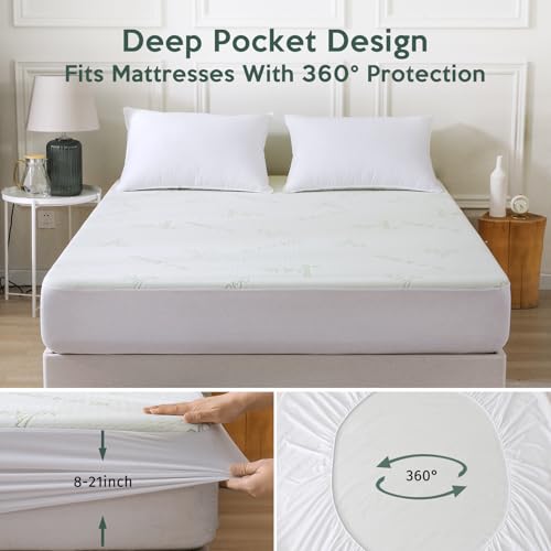 Waterproof Queen Mattress Protector - Cooling Breathable Cover, Fits 8-21 Inch
