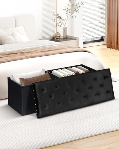 43-Inch Velvet Storage Ottoman Bench, Tufted Foldable Footstool with 140L