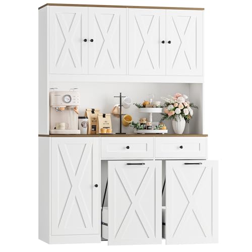 71" Kitchen Pantry Cabinet with Double Pull-Out Trash Can Storage, Farmhouse