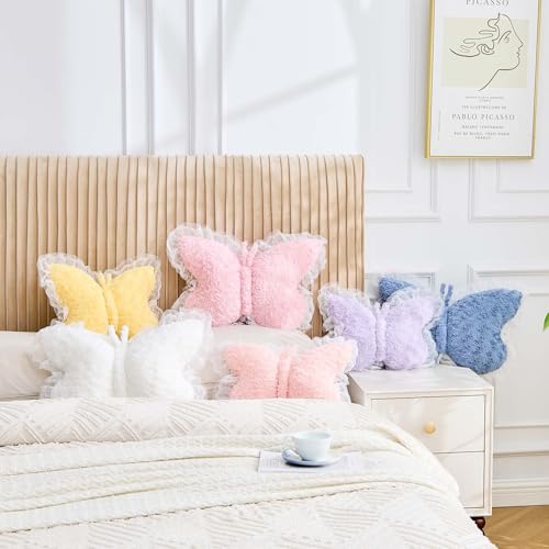 Butterfly Shaped Throw Pillow with Lace Trim, Soft Plush Decorative Cushion