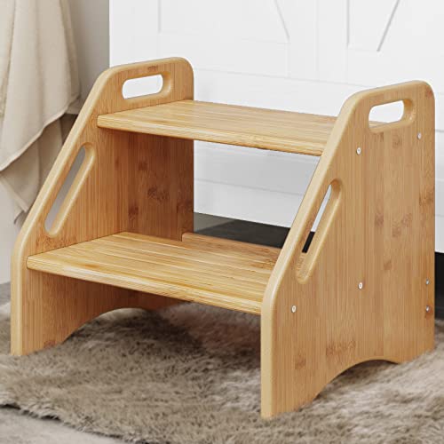 Bamboo 2-Step Stool for Kids & Toddlers with Handles and Non-Slip Pads