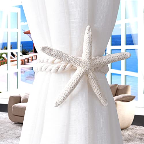2 Pcs Natural Starfish Curtain Tiebacks, Handmade Woven Cotton Rope Holders