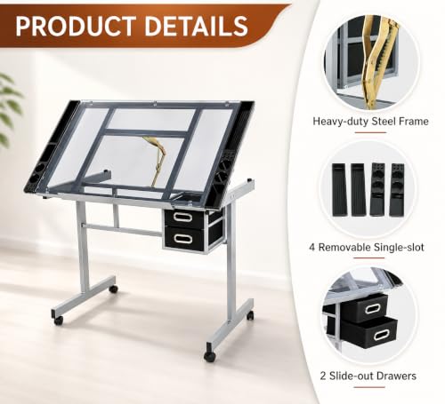 Adjustable Glass Top Drafting Table with Drawers and Wheels for Art & Design