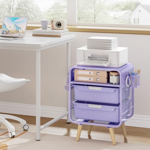 Kids Metal Nightstand with 2 Drawers and Storage Basket - Purple