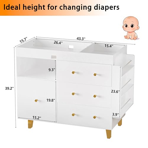 Wooden Baby Changing Table Dresser with 4 Drawers and Storage Shelves