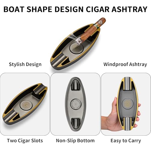 Portable Cigar Ashtray with 2 Cigar Holders - Boat Shape Travel Design