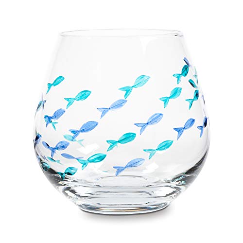 Hand-Painted Fish Stemless Wine Glass Goblet - 21 oz Artisan Glassware