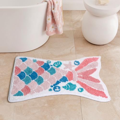 Mermaid Tail Bath Mat for Kids, Pink Teal, Non-Slip, 32" x 20"