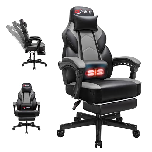 Ergonomic High-Back Gaming Chair with Footrest & Massage Support, Grey