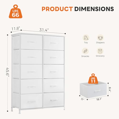10 Drawer Tall Dresser Tower with Fabric Storage Bins and Wood Top