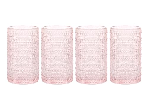 Pink Hobnail Drinking Glasses Set - 15 oz Vintage Beaded Bubble Glassware