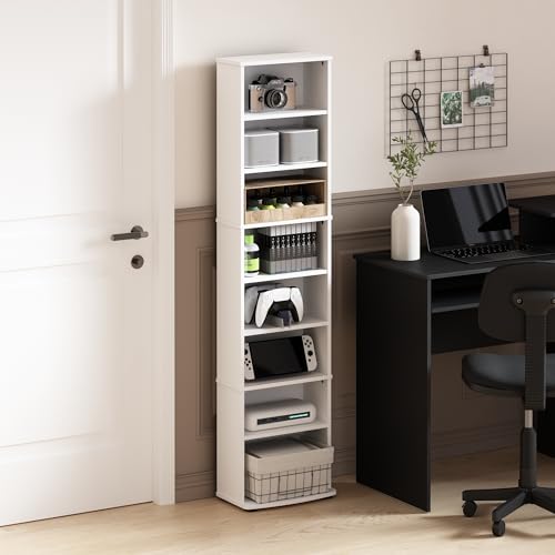 8-Tier Tall Narrow Media Storage Tower with Adjustable Shelves White