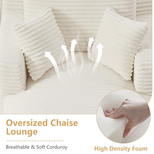 Oversized Corduroy Chaise Lounge Chair with 3 Pillows - Beige Indoor Lounger