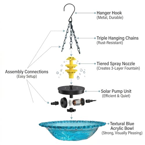 Solar Powered Glass Hanging Bird Bath Fountain for Garden Decor
