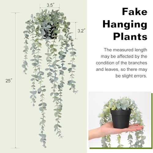 Artificial Hanging Eucalyptus Plant in Pot, Sage Green Faux Potted Vine