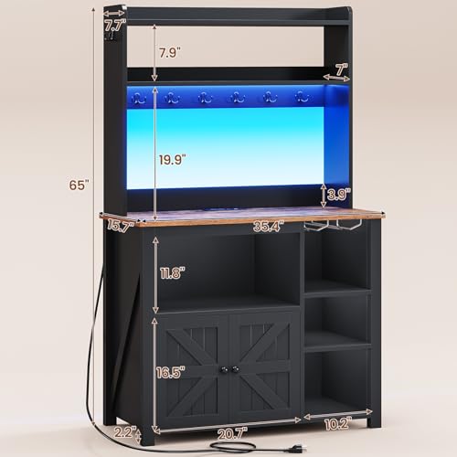 35.4-Inch Farmhouse Coffee Bar Cabinet with Power Outlet and LED Lights