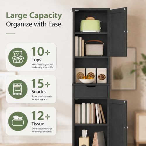 Walsunny Tall Bathroom Storage Cabinet with 6 Adjustable Shelves - Black / 1 Drawer