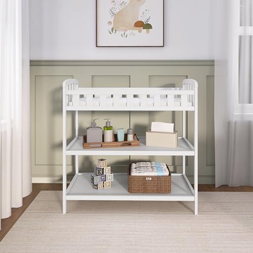 Wooden Baby Changing Table with 2 Storage Shelves & Safety Pad - White
