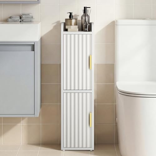Slim Bathroom Storage Cabinet, Narrow Corner Floor Organizer with 2 Doors