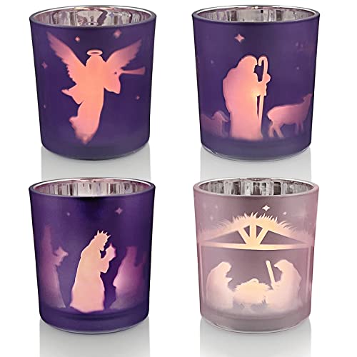 Glass Advent Candle Holders Set of 4 - Christmas Nativity Table Decor