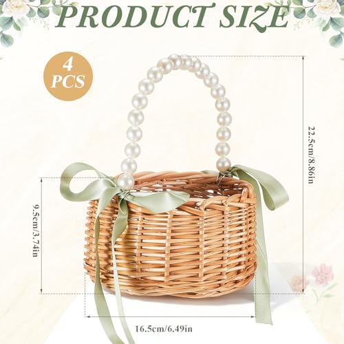 4 Pcs Wicker Flower Girl Baskets with Handles, Pearls and Green Ribbon