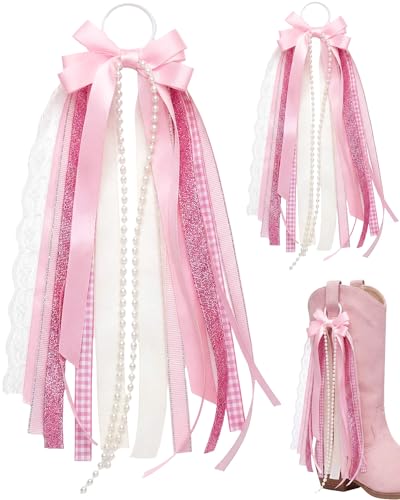 Pink Cowgirl Boot Bows - Layered Ribbon & Pearl Western Accessories (2 Pack)