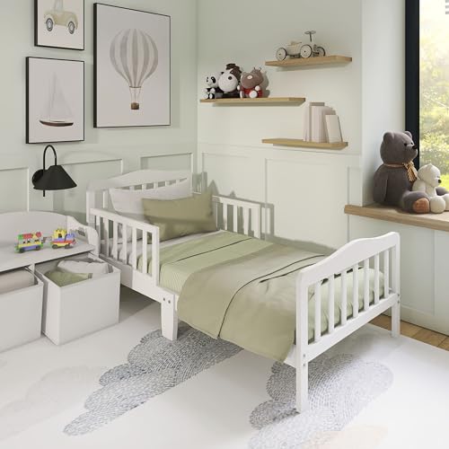 Classic Wooden Toddler Bed with Safety Guard Rails - Low to Floor