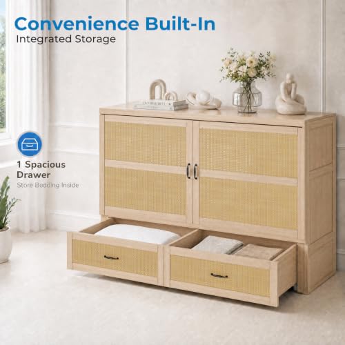 Queen Murphy Cabinet Bed with Tri-Folding Mattress and USB Charging Station
