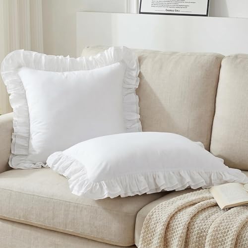 Set of 2 Ruffled Euro Pillow Shams, 26x26 Inch 100% Cotton Pillow Covers