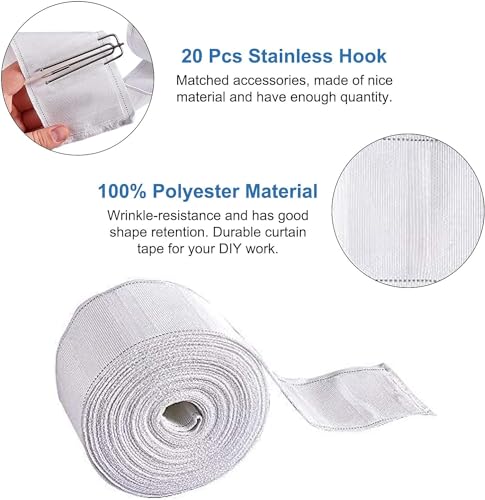 Curtain Pleat Tape Set with 30 Stainless Steel 4-Prong Hooks, 10 Meters