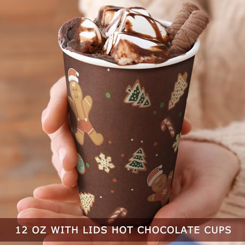 Gerrii Gingerbread Man Style 12oz Christmas Paper Cups with Lids - 100 Pack