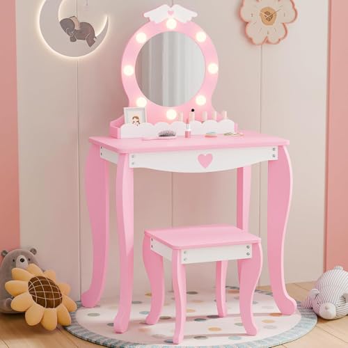 Kids Vanity Set with Lighted Mirror and Stool - Pink Princess Makeup Desk